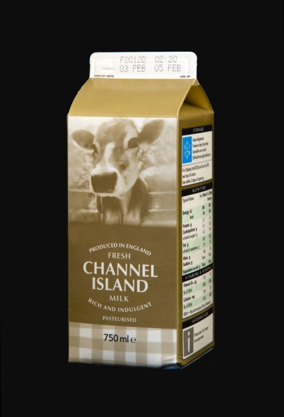 Drink, Milk, Pasteurised, Full Cream dairy milk Carton Produced in England from the Channel Islands