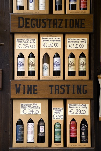 ITALY, Tuscany, Montalcino, Val D'Orcia Brunello di Montalcino Enoteca or wine shop with dispaly of