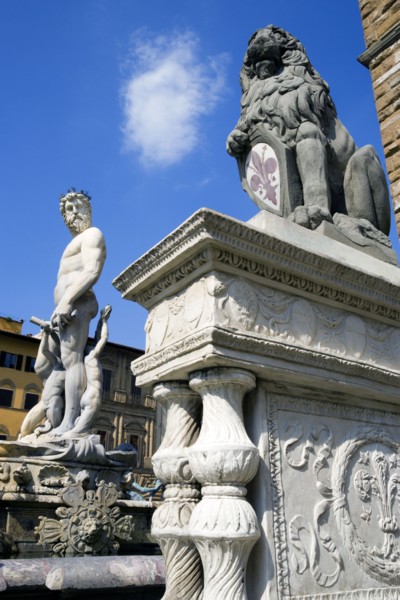 ITALY, Tuscany, Florence, The 1575 Mannerist Neptune fountain with the Roman sea God surrounded by
