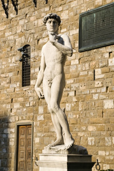 ITALY, Tuscany, Florence, Replica of Rennaisance statue of David by Michelangelo in the Piazza