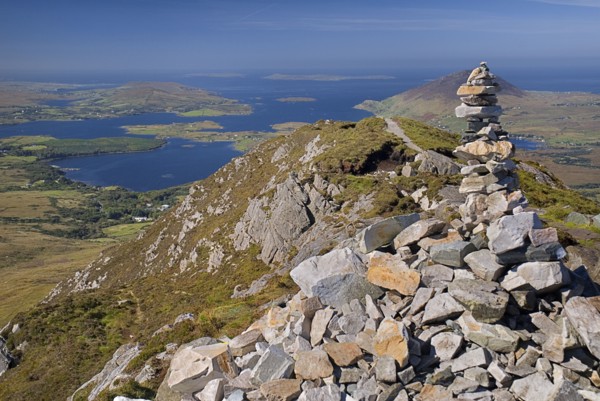 IRELAND, County Galway, Connemara, Diamond Hill, Stone pile at the summit of the hill with