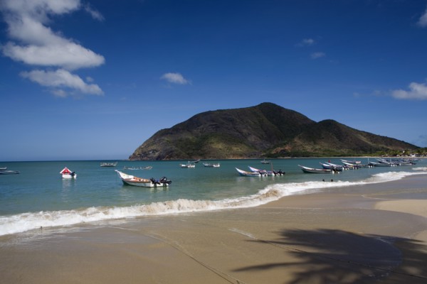 VENEZUELA, Margarita Island, Playa la Galera, View of exotic beach with palm trees and their shades