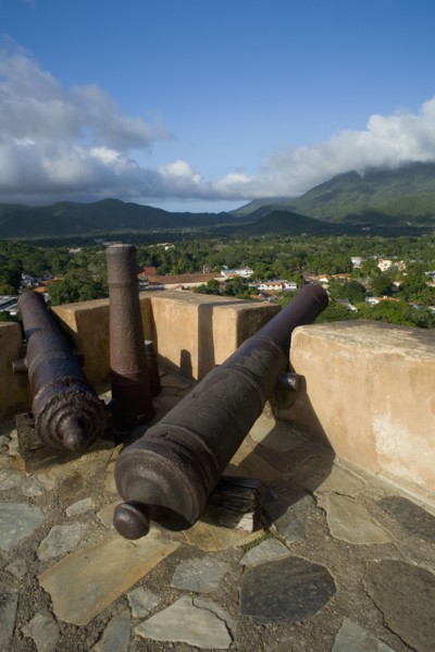 VENEZUELA, Margarita Island, La Asuncion, Canons at the terrace of Castillo de Santa Rosa fort