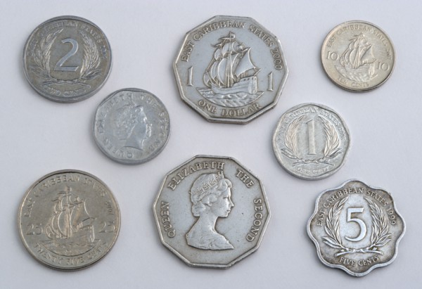 West Indies, St Lucia, Castries, Variety of Eastern Caribbean dollar coins in various cent