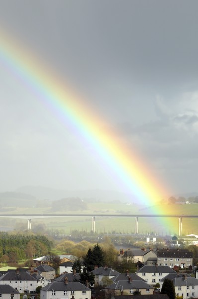 Scotland, Perth, Friarton road bridge over the river Tay with colourful rainbow.
