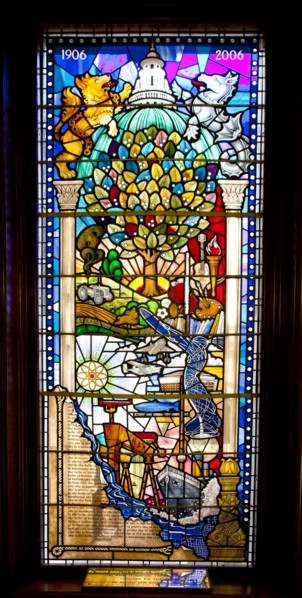 Ireland, North, Belfast, City Hall, Interior, Centenary Stained Glass Window with various scenes