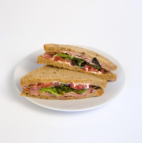 Food, Meal, Snack, Bacon lettuce and tomato BLT sandwich on a white plate against a white