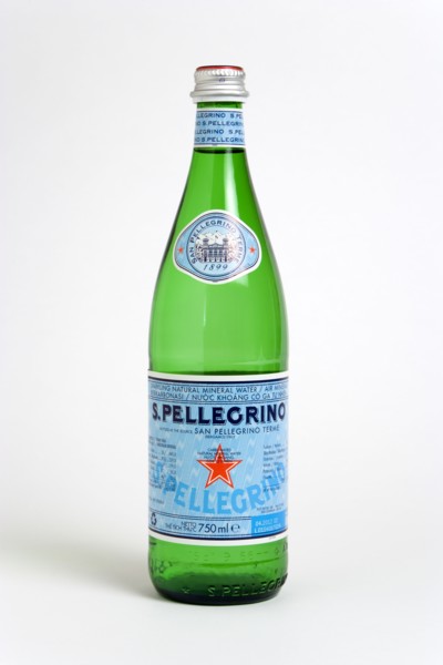Drinks, Cold, Water, Glass bottle of Pellegrino sparkling mineral water against a white background.
