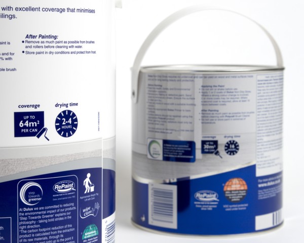 Archirecture, Construction, Decorating, Pots of gloss and emulsion paint showing coverage and