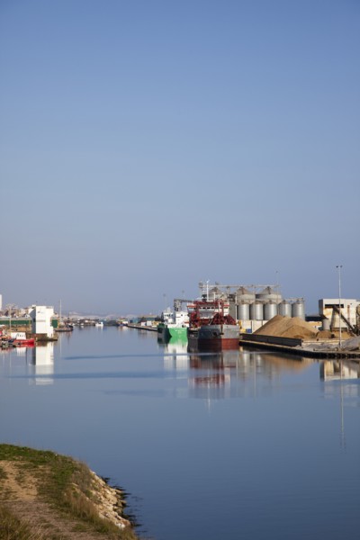 England, West Sussex, Southwick, View of calm waters of Shoreham Harbour.