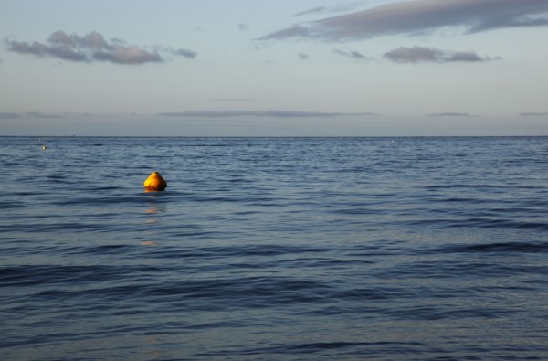 England, West Sussex, Goring-by-Sea, Worthing Triathlon 2009, yellow buoys marking our swim course.