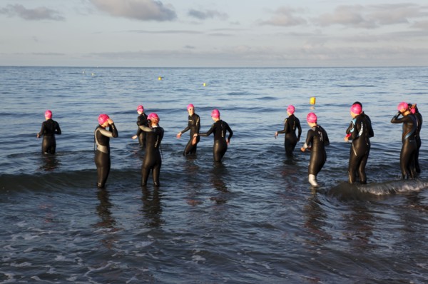 England, West Sussex, Goring-by-Sea, Worthing Triathlon 2009, women at start of swim section.