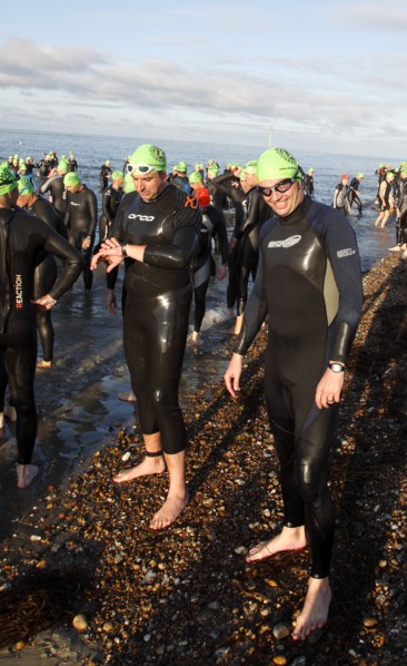England, West Sussex, Goring-by-Sea, Worthing Triathlon 2009, male competitors at the swim start.