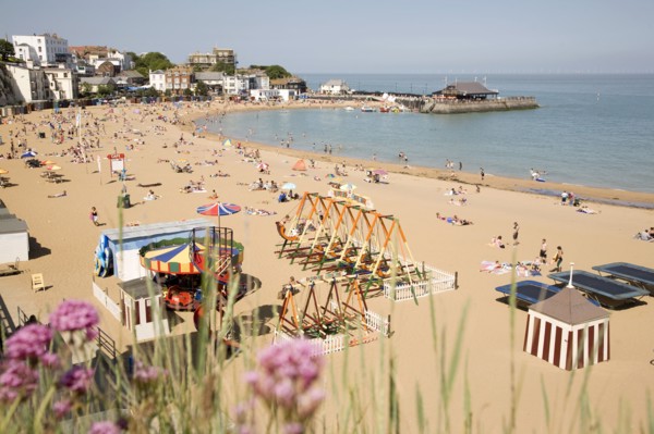 England, Kent, Margate, view over crowded beach.