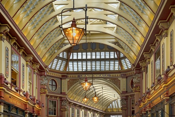 England, London, The City, Leadenhall Market interior detail of the vaulted ceiling.