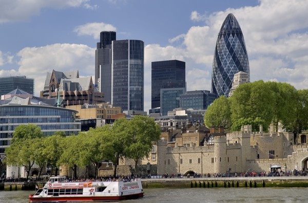 England, London, Tower Bridge, View across River Thames and Tower of London toward the City
