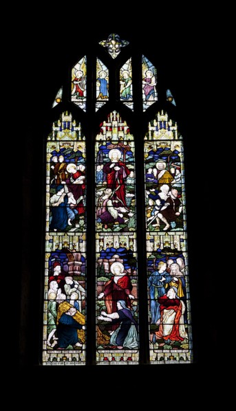 England, West Sussex, East Grinstead, Details of the stained glass windows in Church of St Swithun.