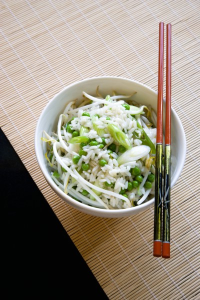 Food, Cooked, Rice, Fried rice with vegetables in a bowl with chopsticks sitting on a bamboo table