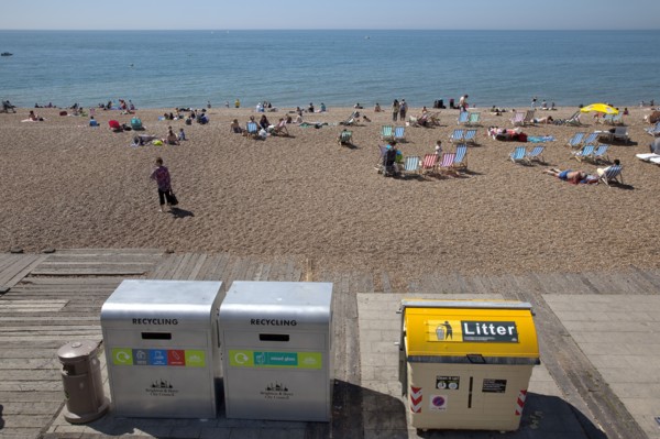 England, East Sussex, Brighton, various litter and recycling bins on the seafront.