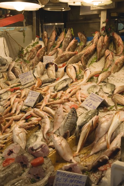 Athens, Attica, Greece. Fresh fish stall in the central market. Atenas Athenes Destination