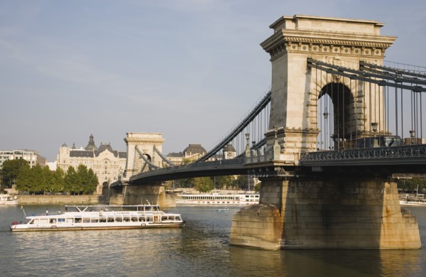 Budapest, Pest County, Hungary. Szechenyi Chain Bridge or Memory Bridge from Buda with pleasure