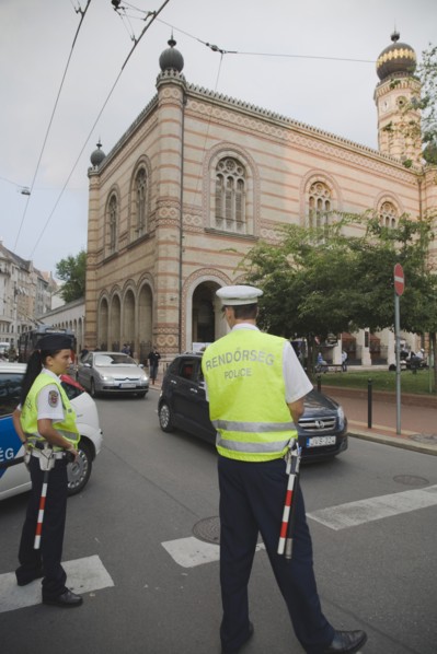 Budapest, Pest County, Hungary. Hungarian traffic police wearing high visability jackets on road