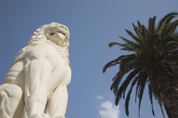 Samos Island, Northern Aegean, Greece. Vathy. Lion statue in Pythagoras Square set up in 1930 to