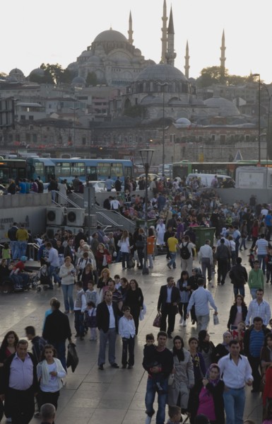 Istanbul, Turkey. Sultanahmet. Early evening crowds in front of Suleymaniye Mosque. Turkey Turkish