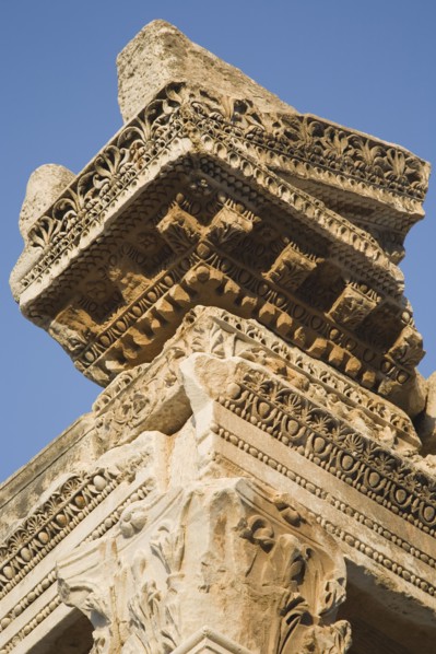 Selcuk, Izmir Province, Turkey. Ephesus. Detail of highly carved stonework in ancient ruined city