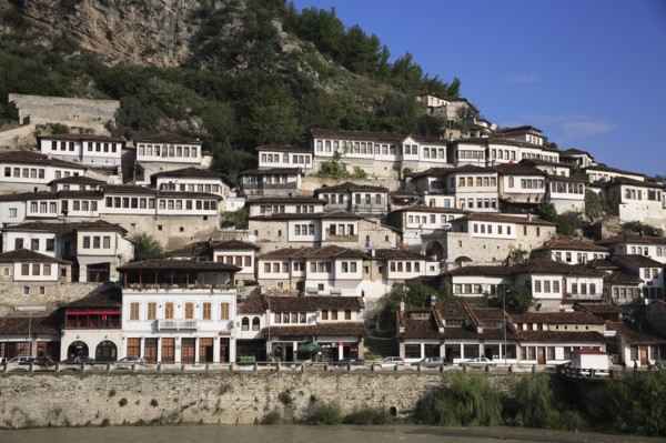 Berat, Albania. Houses built on hillside on the banks of the River Osum. Albanian Shqip‘ria