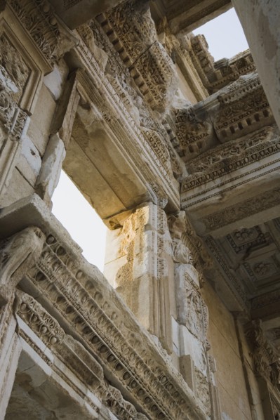 Selcuk, Izmir Province, Turkey. Ephesus. Detail of carved wall and ceiling of building in ancient