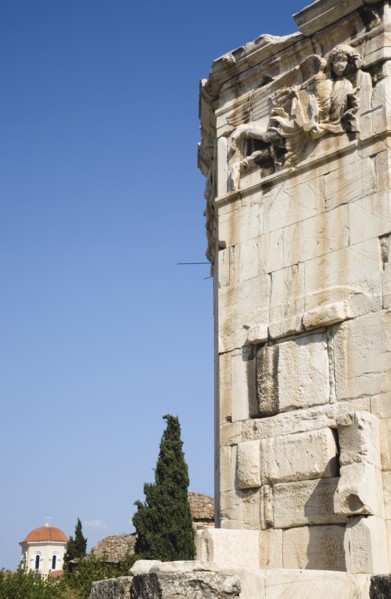 Athens, Attica, Greece. Tower of the Winds on the Agora in Athens. Part view of octagonal Pentelic