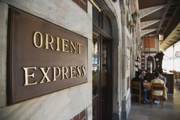Istanbul, Turkey. Sultanahmet. Orient Express sign beside cafe on station platform. Istanbul