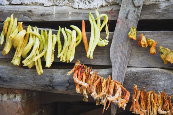 Sirince, Aydin Province, Turkey. Strings of chilies hanging up to dry in late afternoon summer