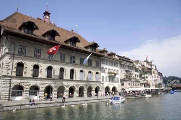 Lucerne, Switzerland. View along waterfront buildings toward thge Chapel Bridge. Switzerland Swiss