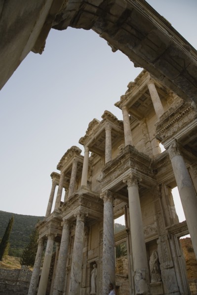 Selcuk, Izmir Province, Turkey. Ephesus. Part view of ornately carved marble facade and archway in