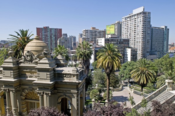 Santiago, Chile. The classical lines of the Neptune Terrace at the Cerro Santa Lucia with Chilean