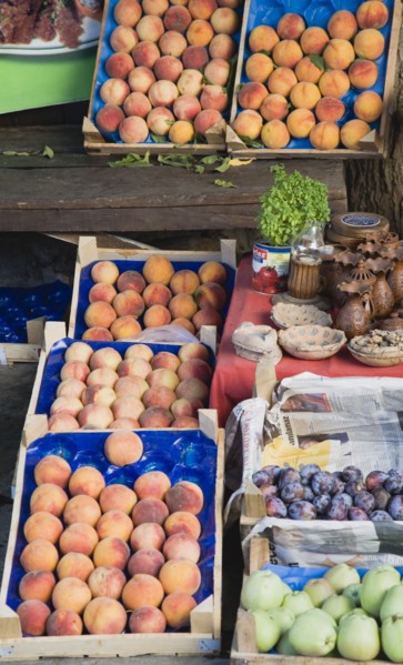 Sirince, Aydin Province, Turkey. Fruit stall selling fresh local peaches or Seftali in Turkish