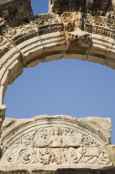 Selcuk, Izmir Province, Turkey. Ephesus. Detail of carved stone and arch in antique city of Ephesus