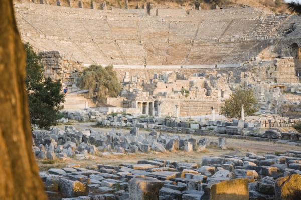 Selcuk, Izmir Province, Turkey. Ephesus. Theatre and ruined buildings in antique city of Ephesus on