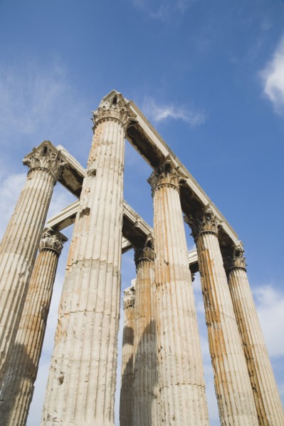 Athens, Attica, Greece. The Temple of Olympian Zeus corinthian capitals and architraves of ruined