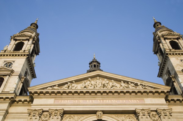Budapest, Pest County, Hungary. Part view of Saint Stephens Basilica exterior facade. Hungary