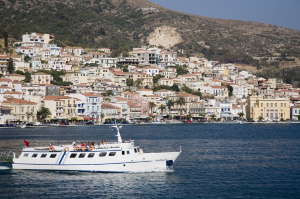 Samos, Northern Aegean, Greece. Vathy. Ferry between Samos and Kusadasi in Turkey as it leaves