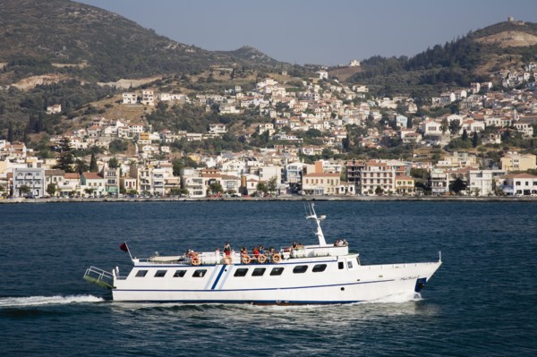 Samos, Northern Aegean, Greece. Vathy. Ferry between Samos and Kusadasi in Turkey as it leaves