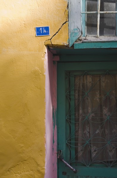Kusadasi, Aydin Province, Turkey. Detail of exterior facade of house in the old town numbered 1A.