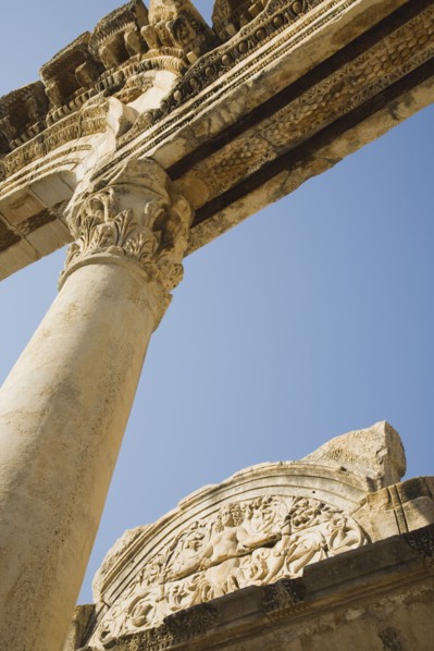 Selcuk, Izmir Province, Turkey. Ephesus. Detail of carved archway supporting column and wall relief