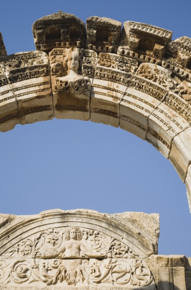 Selcuk, Izmir Province, Turkey. Ephesus. Detail of carved archway and wall relief against clear