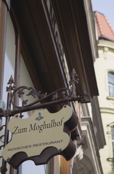 Vienna, Austria. Neubau District. Indian restaurant facade and hanging sign. Austria Austrian