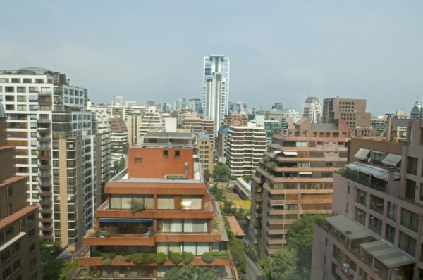 Santiago, Chile. Multistorey apartment blocks with wide balconies and greenery in the upmarket