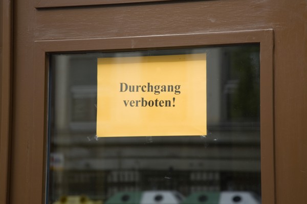 Vienna, Austria. Neubau District. No Access sign on restaurant door in German Durchgang Verboten.